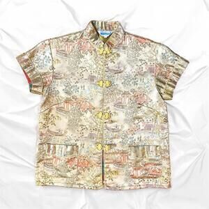 Traditional Asian Silk Blouse • Button Up • Pockets Embroidered • Size 10
